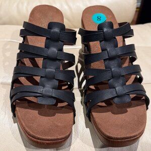White Mountain Footbeds, black and brown with wooden heel and platform, size 8
